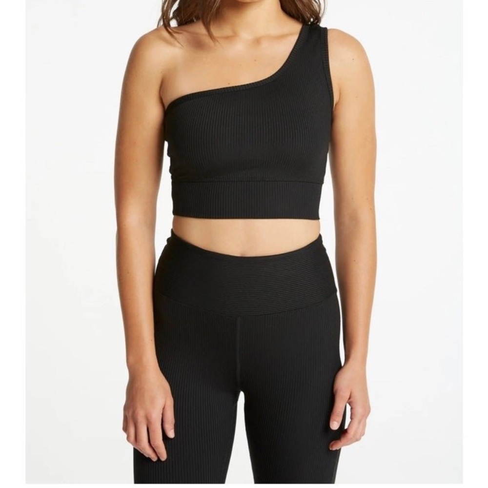 Year of Ours Black One-Shoulder Ribbed Crop Top, M